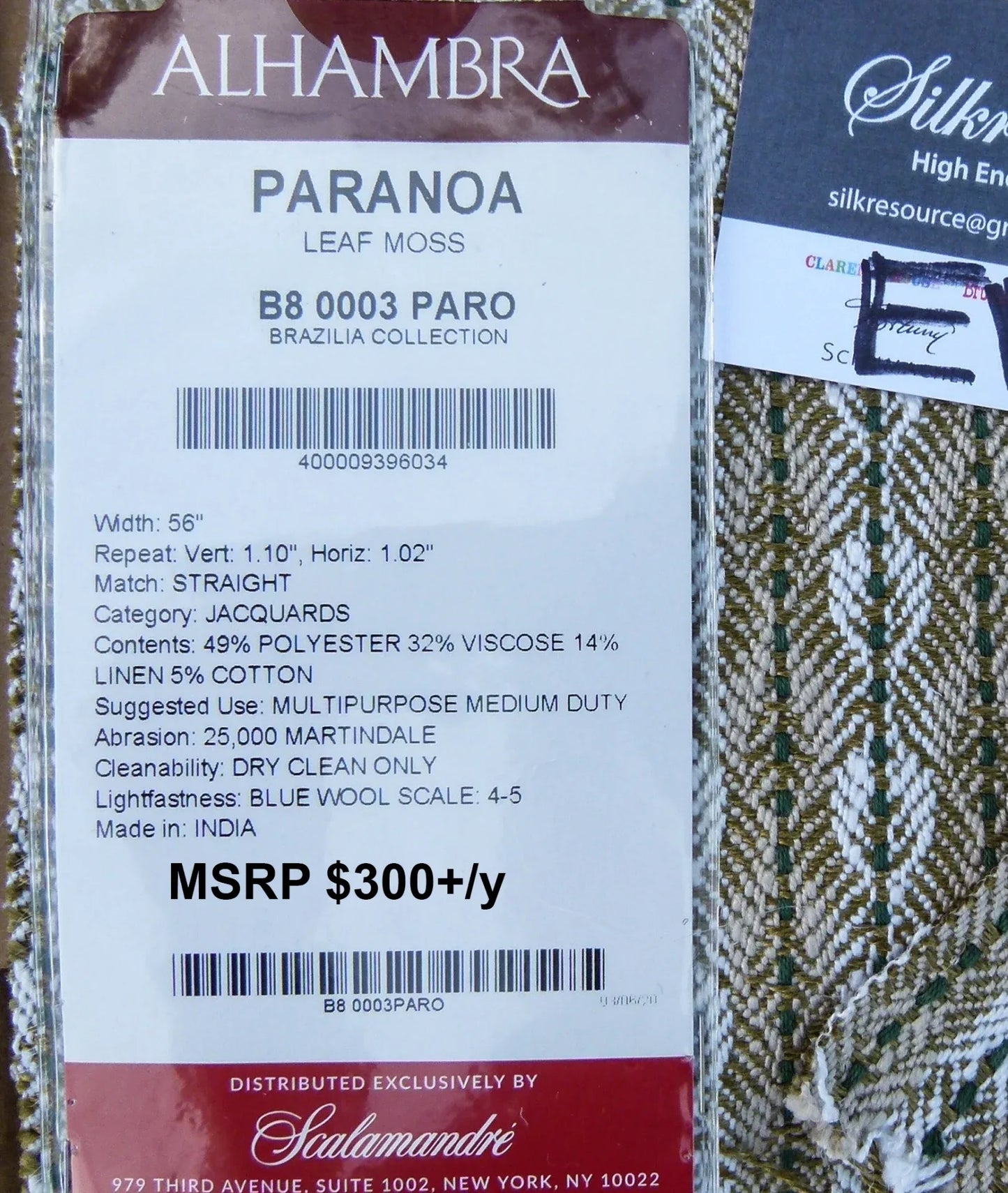 5 EV30 Scalamandre Alhambra Paranoa Leaf Moss Green White  Jacquard27x27 inches  MSRP USD300+/y