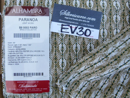 5 EV30 Scalamandre Alhambra Paranoa Leaf Moss Green White  Jacquard27x27 inches  MSRP USD300+/y