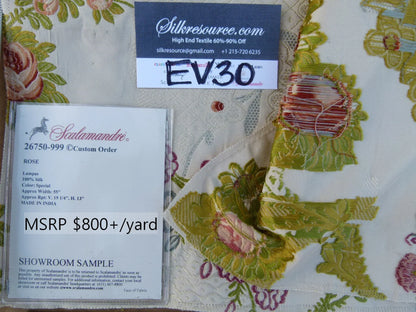 13 EV30 Square Scalamandre Rose Special Silk Lampas Peach Green on Cream White Botanical MSRP USD800+/y