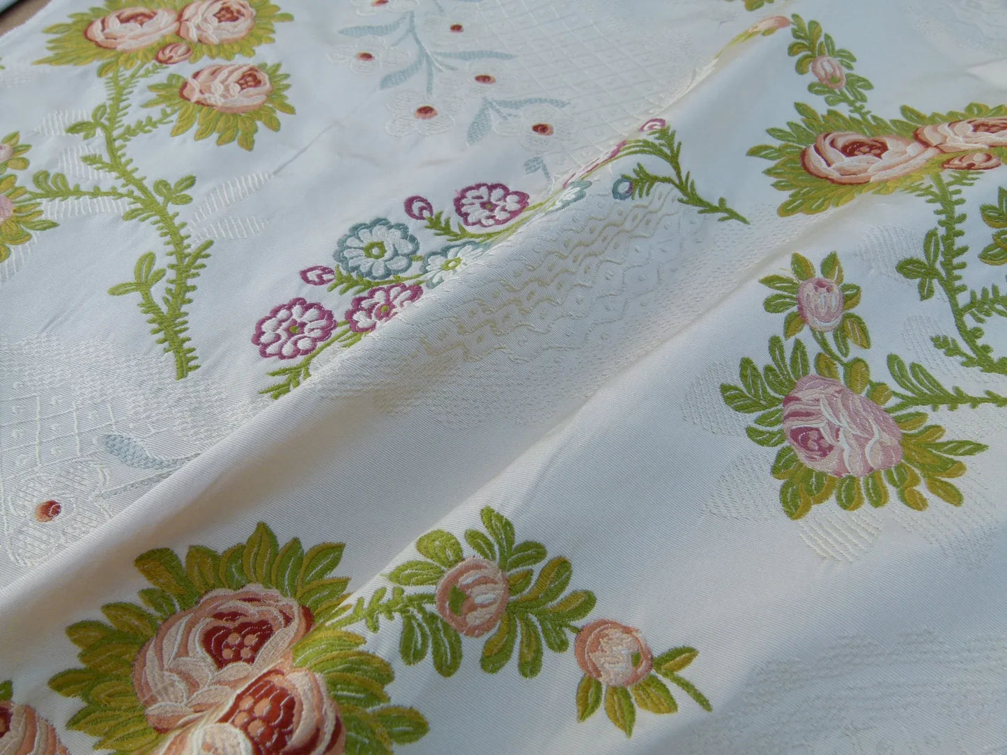 13 EV30 Square Scalamandre Rose Special Silk Lampas Peach Green on Cream White Botanical MSRP USD800+/y