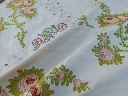 13 EV30 Square Scalamandre Rose Special Silk Lampas Peach Green on Cream White Botanical MSRP USD800+/y