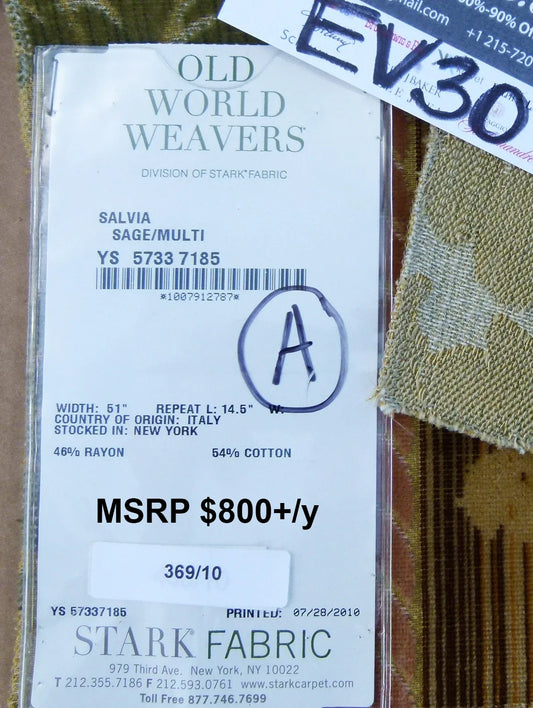 15 EV30 Square Scalamandre Salvia Sage/ Multi Velvet Stripe Botanical Damask MSRP USD800+/y
