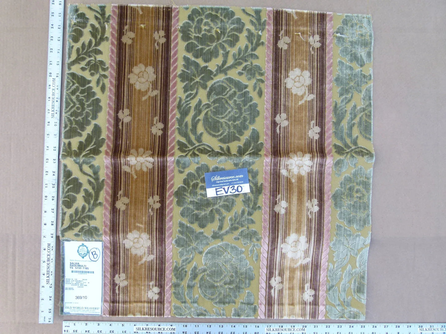 16 EV30 Square Scalamandre Salvia Sage/ Multi Velvet Stripe Botanical Damask MSRP USD800+/y