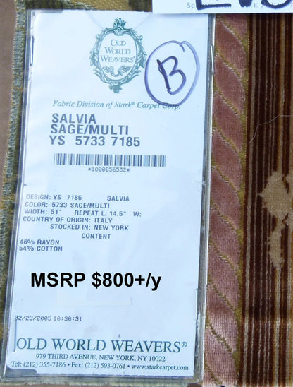 16 EV30 Square Scalamandre Salvia Sage/ Multi Velvet Stripe Botanical Damask MSRP USD800+/y