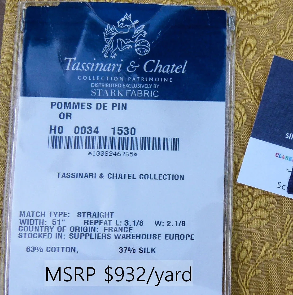 27 EV30 Scalamandre Tassinari and Chatel Pommes De Pin Or Yellow Botanical Square 23x25 inches MSRP USD932/y