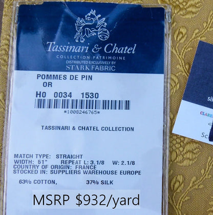 27 EV30 Scalamandre Tassinari and Chatel Pommes De Pin Or Yellow Botanical Square 23x25 inches MSRP USD932/y