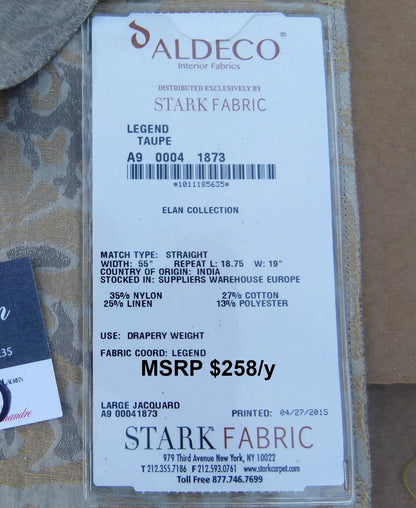 31 EV30 Scalamandre Aldeco Interior Fabric Legend Taupe Large Jacquard Damask Square 27x28 inches MSRP USD258/y