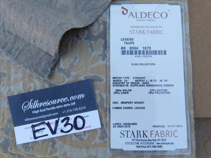 31 EV30 Scalamandre Aldeco Interior Fabric Legend Taupe Large Jacquard Damask Square 27x28 inches MSRP USD258/y