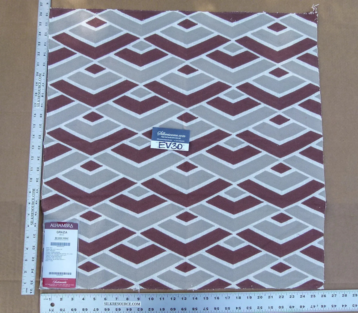 32 EV30 Scalamandre Alhambra Grazia Brick Embroidery Red Gray Brown Square 26x26 inches MSRP USD382/y