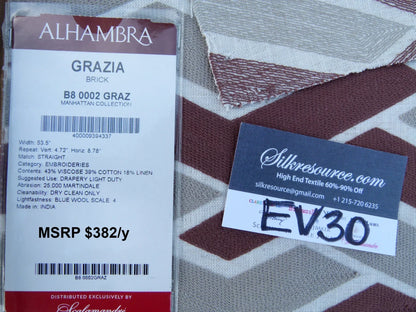 32 EV30 Scalamandre Alhambra Grazia Brick Embroidery Red Gray Brown Square 26x26 inches MSRP USD382/y