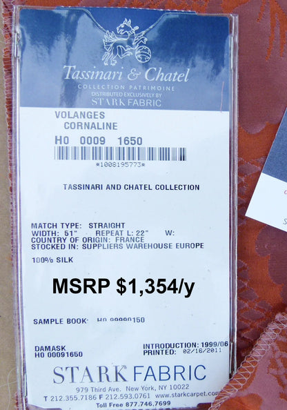 35 EV30 Scalamandre Tassinari and Chatel Volanges Cornaline Pink Red Silk Damask Floral Square 23x24 inches MSRP USD1354/y
