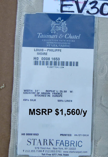 36 EV30 Scalamandre Tassinari and Chatel Louis-Philippe Ivoire White Cream Square Silk Linen 25x25 inches MSRP USD1700+/y