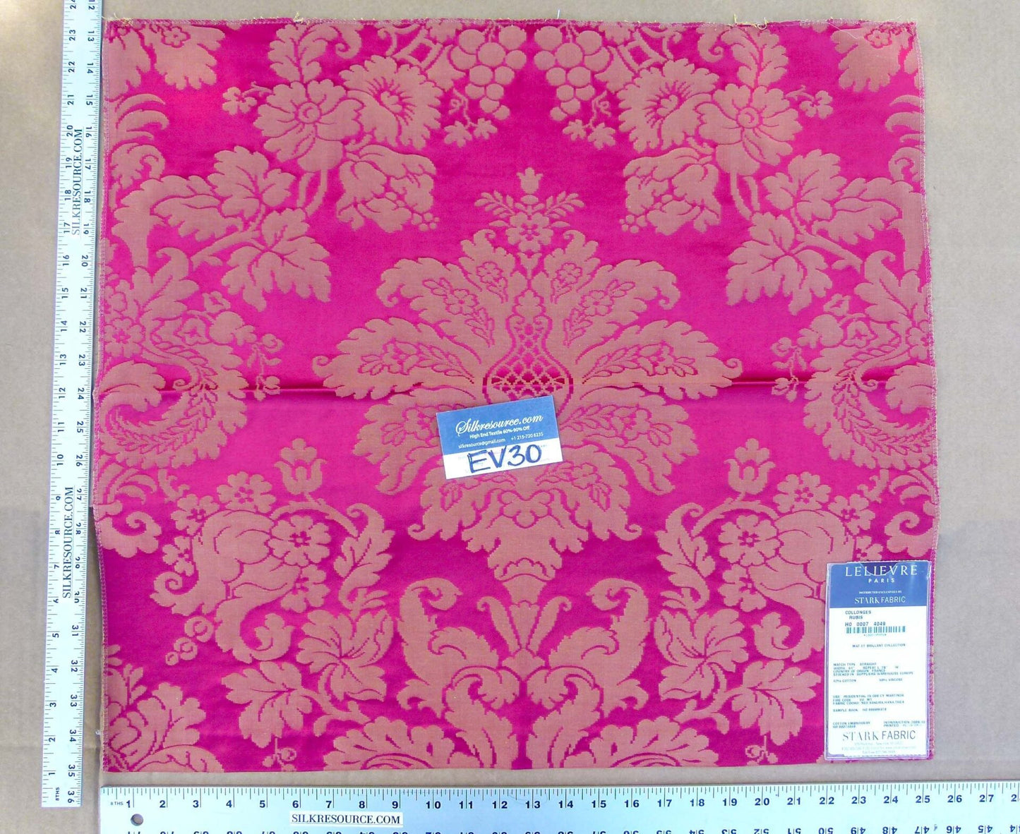38 EV30 Scalamandre Lelievre Collonges Rubis Pink Gold Cotton Embroidery Damask Square 23x25 inches
