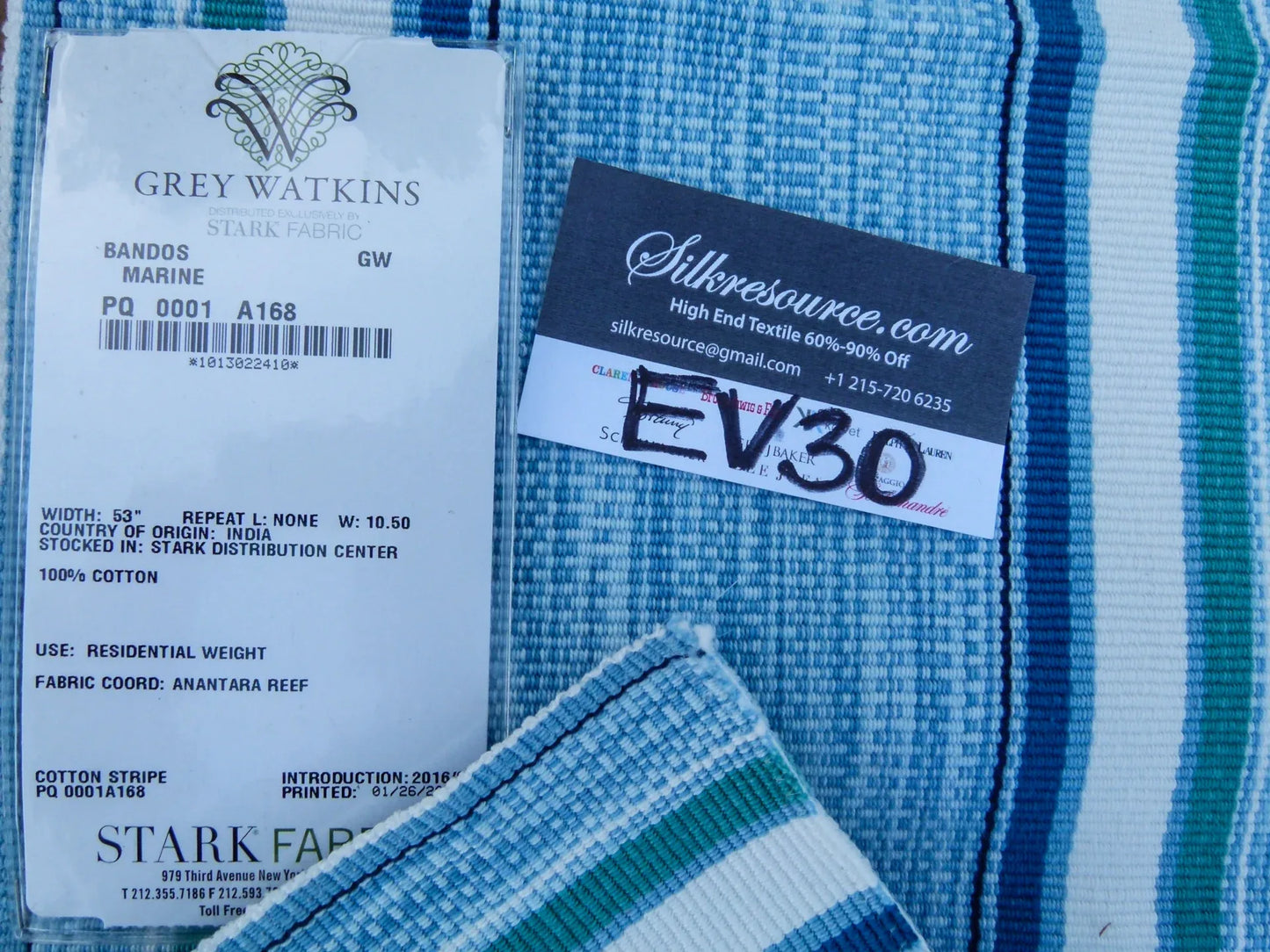 39 EV30 Scalamandre Grey Watkins Bandos Marine Blue Stripe Cotton  Square 26x27 inches MSRP USD182/y
