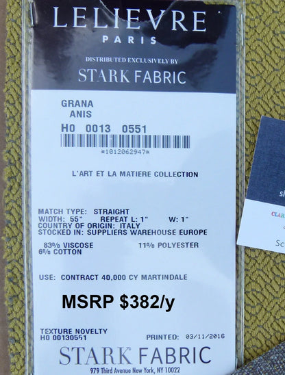 42 EV30 Scalamandre Lelievre Paris Grana Anis Yellow Texture Novelty Square 20x26 inches MSRP USD382/y