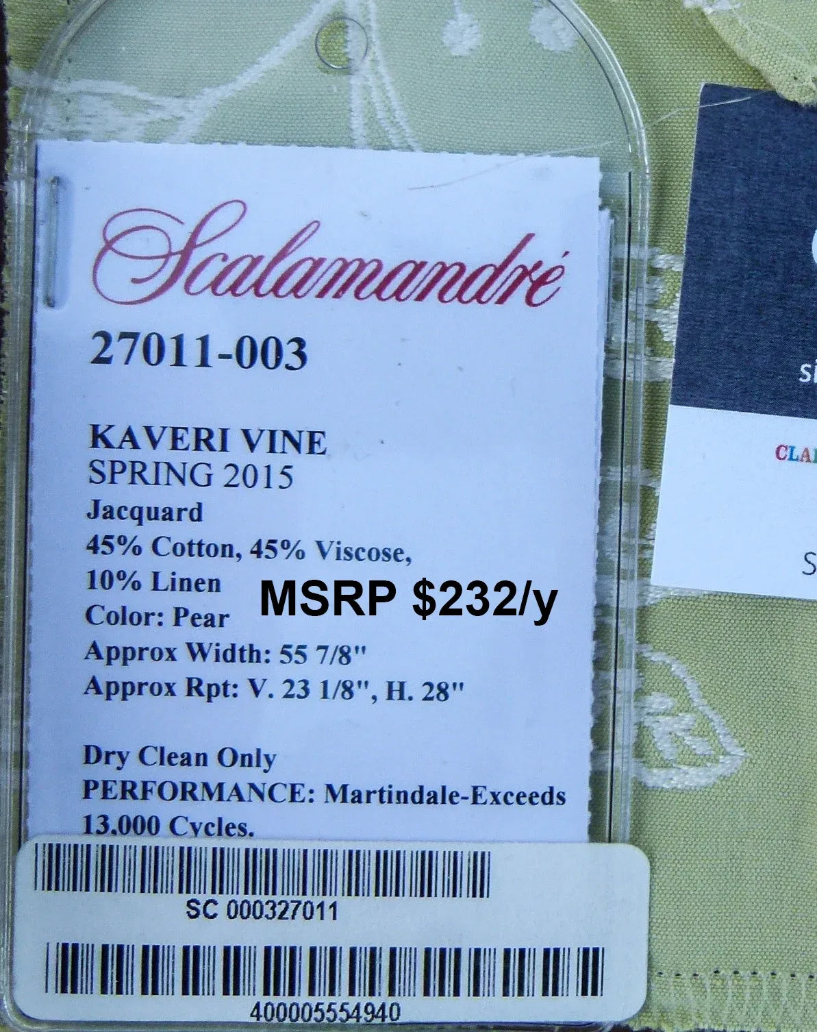 50 EV30 Scalamandre Kaveri Vine Pear Green Jacquard Botanical Foliage Square 26 X 26 incher MSRP USD232/y