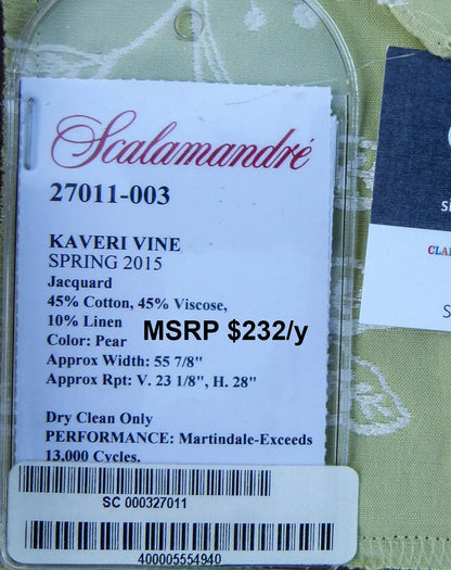 50 EV30 Scalamandre Kaveri Vine Pear Green Jacquard Botanical Foliage Square 26 X 26 incher MSRP USD232/y