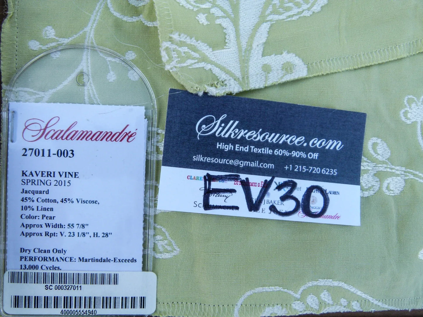 50 EV30 Scalamandre Kaveri Vine Pear Green Jacquard Botanical Foliage Square 26 X 26 incher MSRP USD232/y