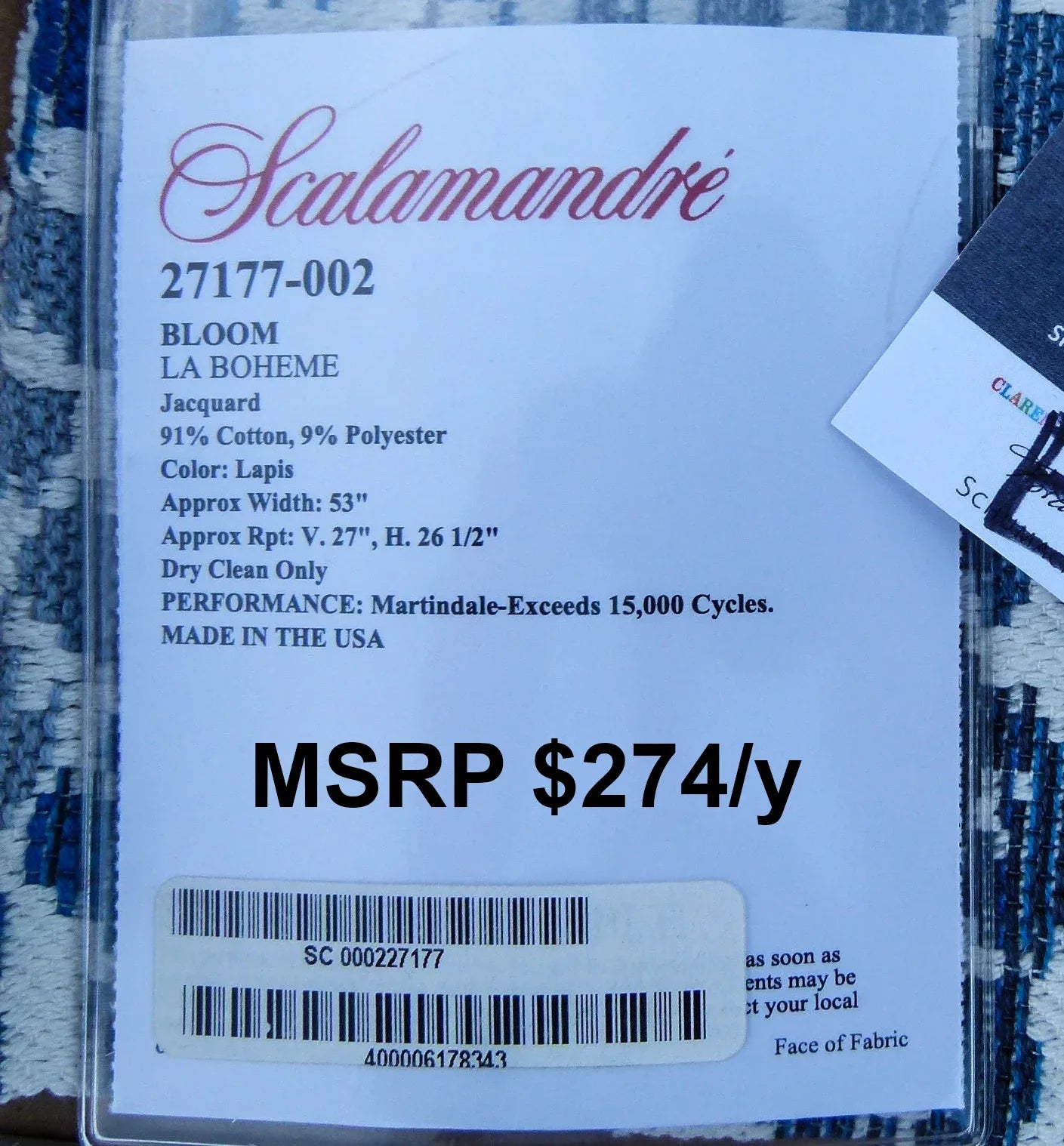 51 EV30 Scalamandre Bloom Lapis La Boheme Jacquard Square 25 x 26 inches MSRP USD274/y