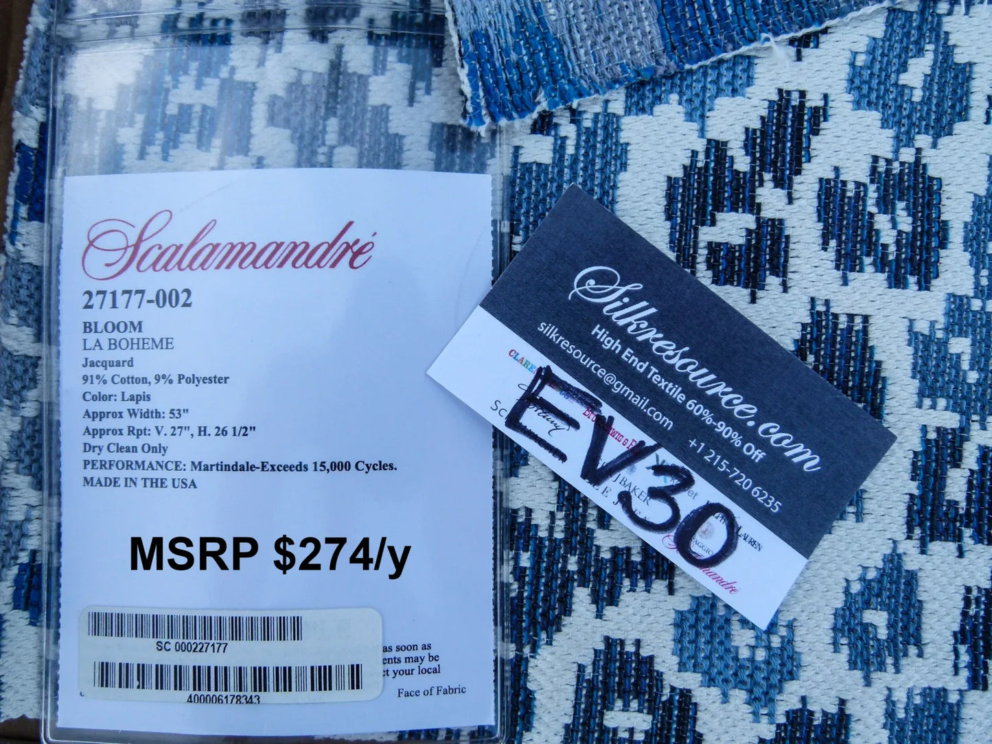 51 EV30 Scalamandre Bloom Lapis La Boheme Jacquard Square 25 x 26 inches MSRP USD274/y