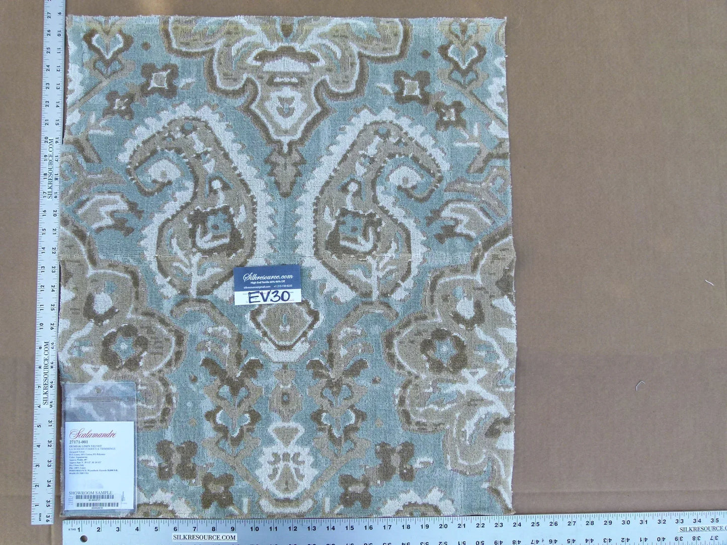 53 EV30 Scalamandre Oushak Linen Velvet Aquamarine Jacquard Blue Brown Linen Square 26 x 23 inches MSRP USD638/y