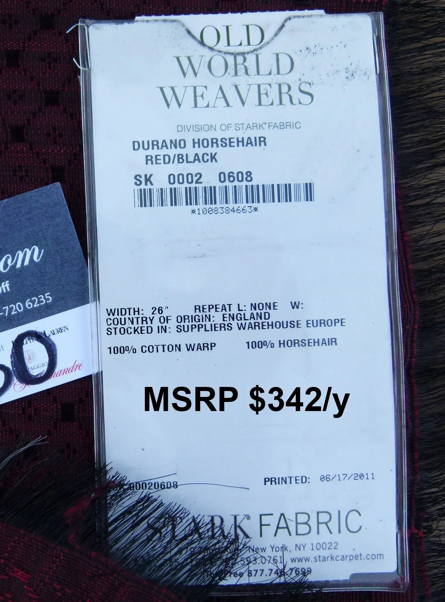 58 EV30 Scalamandre Durano Horsehair Red Black Cotton Warp Square 26 x 24 inches MSRP USD342/y
