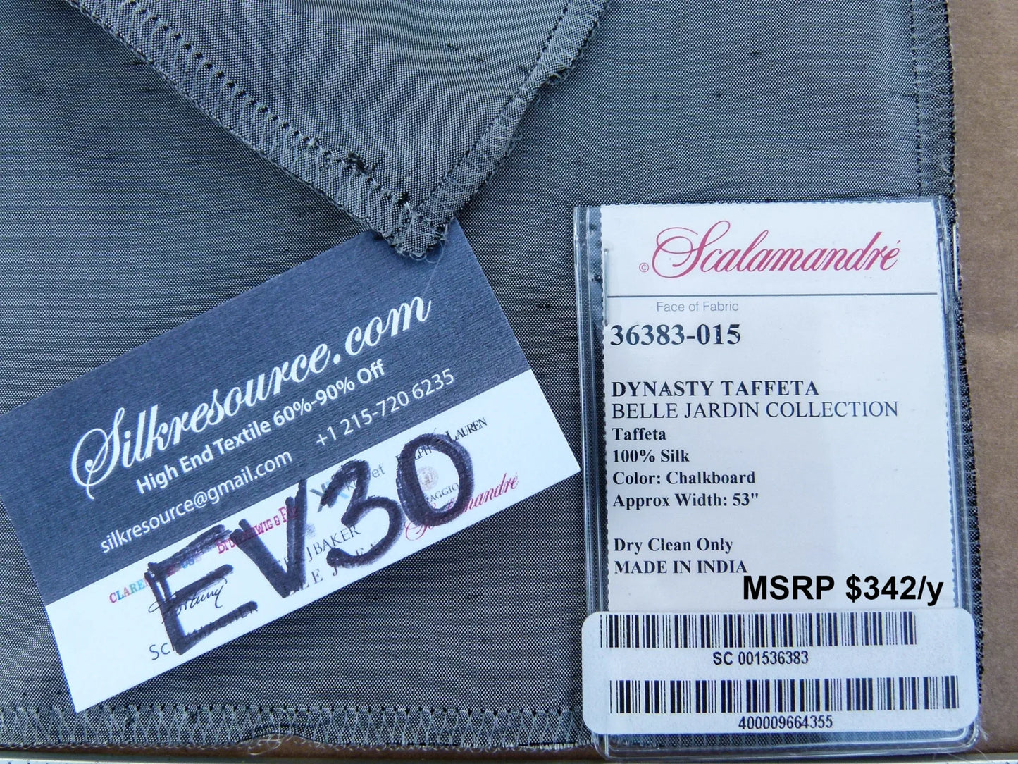 61 EV30 Scalamandre Dynasty Taffeta Chalkboard Silk Gray  17 x 26 inches  MSRP USD 322/y