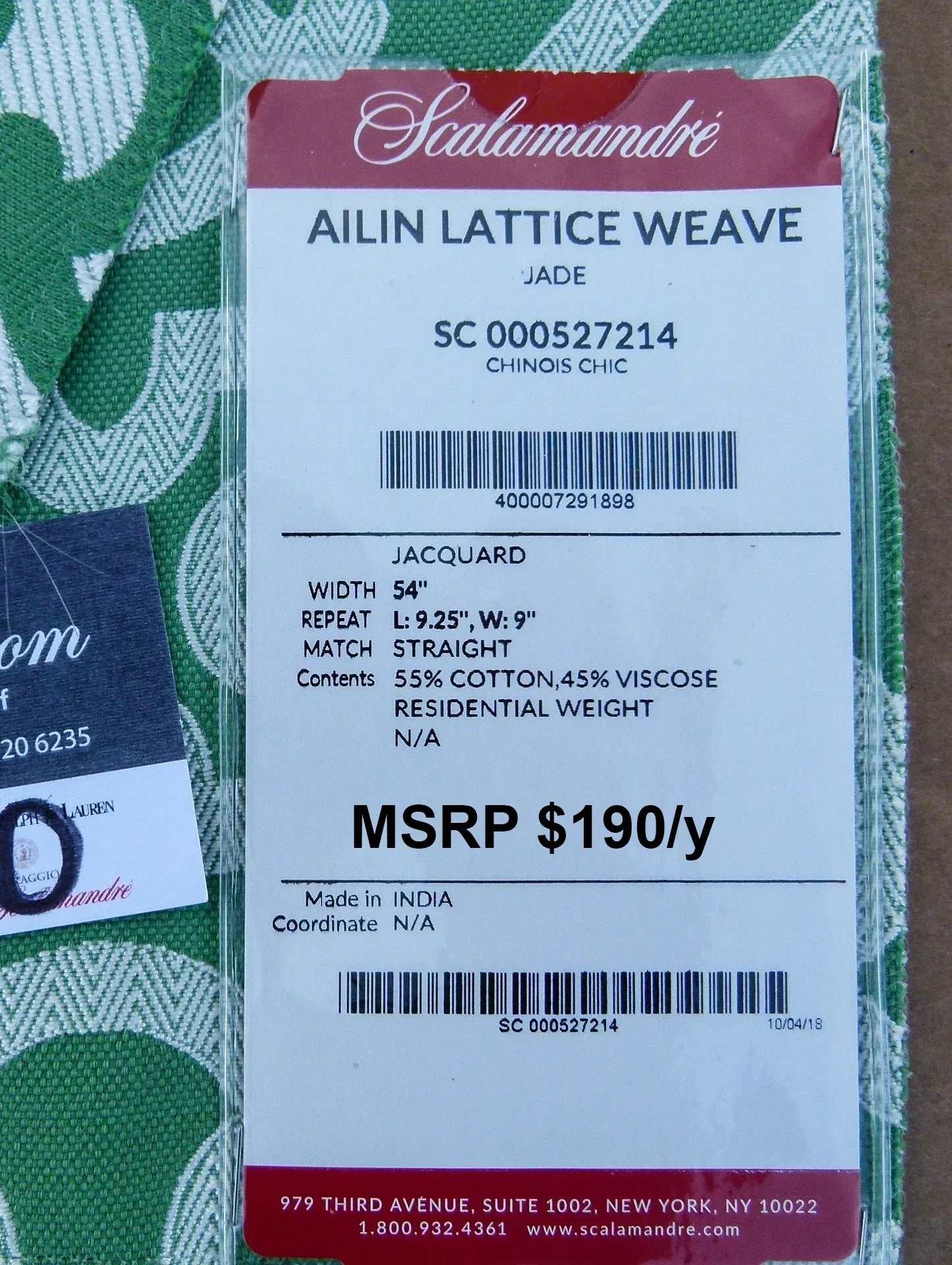62 EV30 Scalamandre Ailin Lattice Weave Jacquard Green White Geometric Square 26 x 27 inches  MSRP USD 190+/y