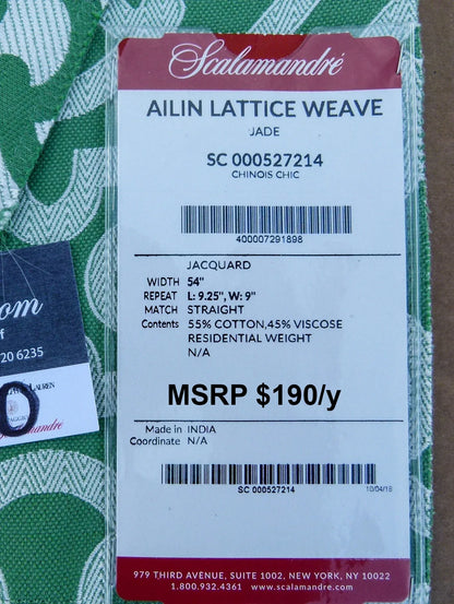62 EV30 Scalamandre Ailin Lattice Weave Jacquard Green White Geometric Square 26 x 27 inches  MSRP USD 190+/y