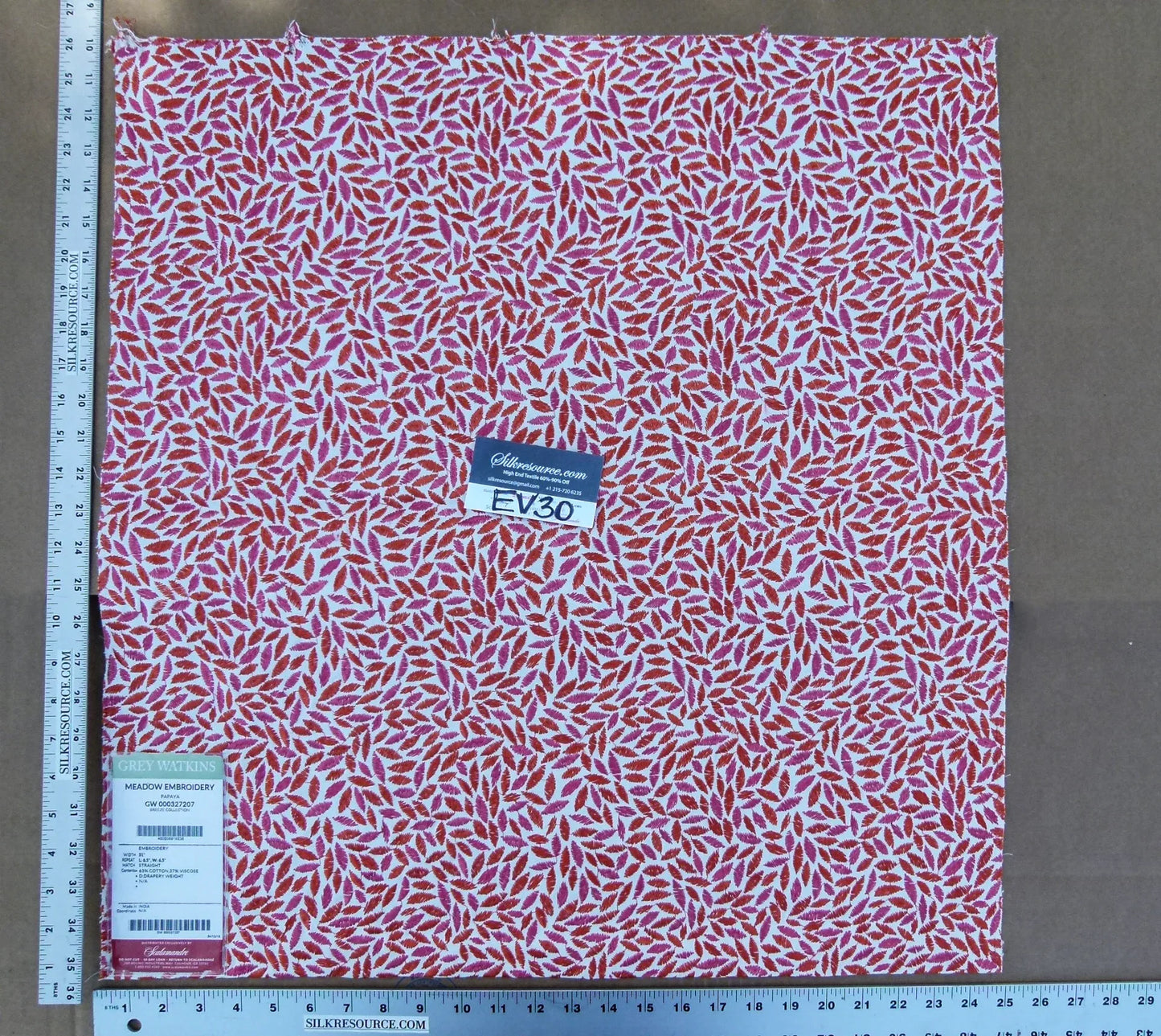 67 EV30 Scalamandre Grey Watkins Meadow Embroidery Pink Red White Leaf Pattern Square 26 x 25 inches MSRP USD 320/y