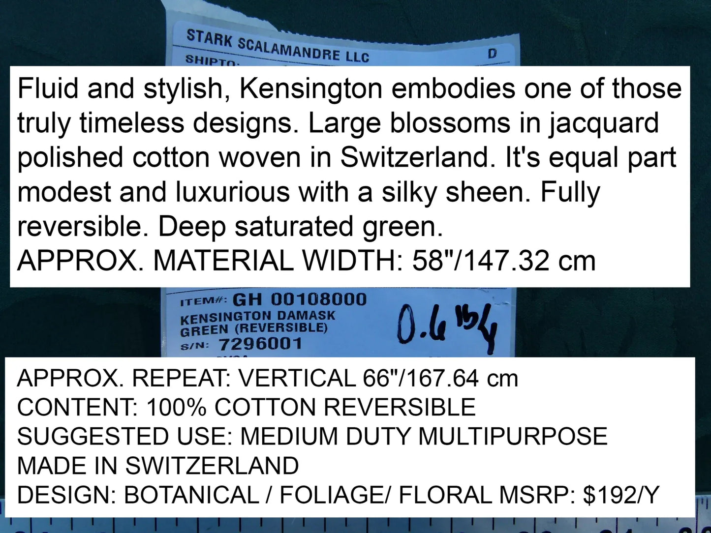 Scalamandre Kensington Damask Green Reversible Large Rose Blossom Deep Green Cotton MSRP USD 192/y