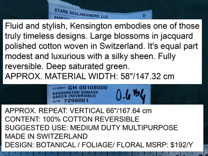 Scalamandre Kensington Damask Green Reversible Large Rose Blossom Deep Green Cotton MSRP USD 192/y