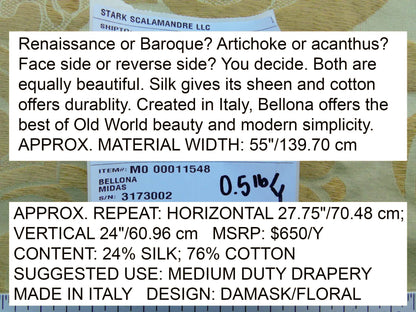 Scalamandre Bellona Midas Yellow Renaissance Silk Cotton Damask Floral Classic Beige MSRP USD 650/y