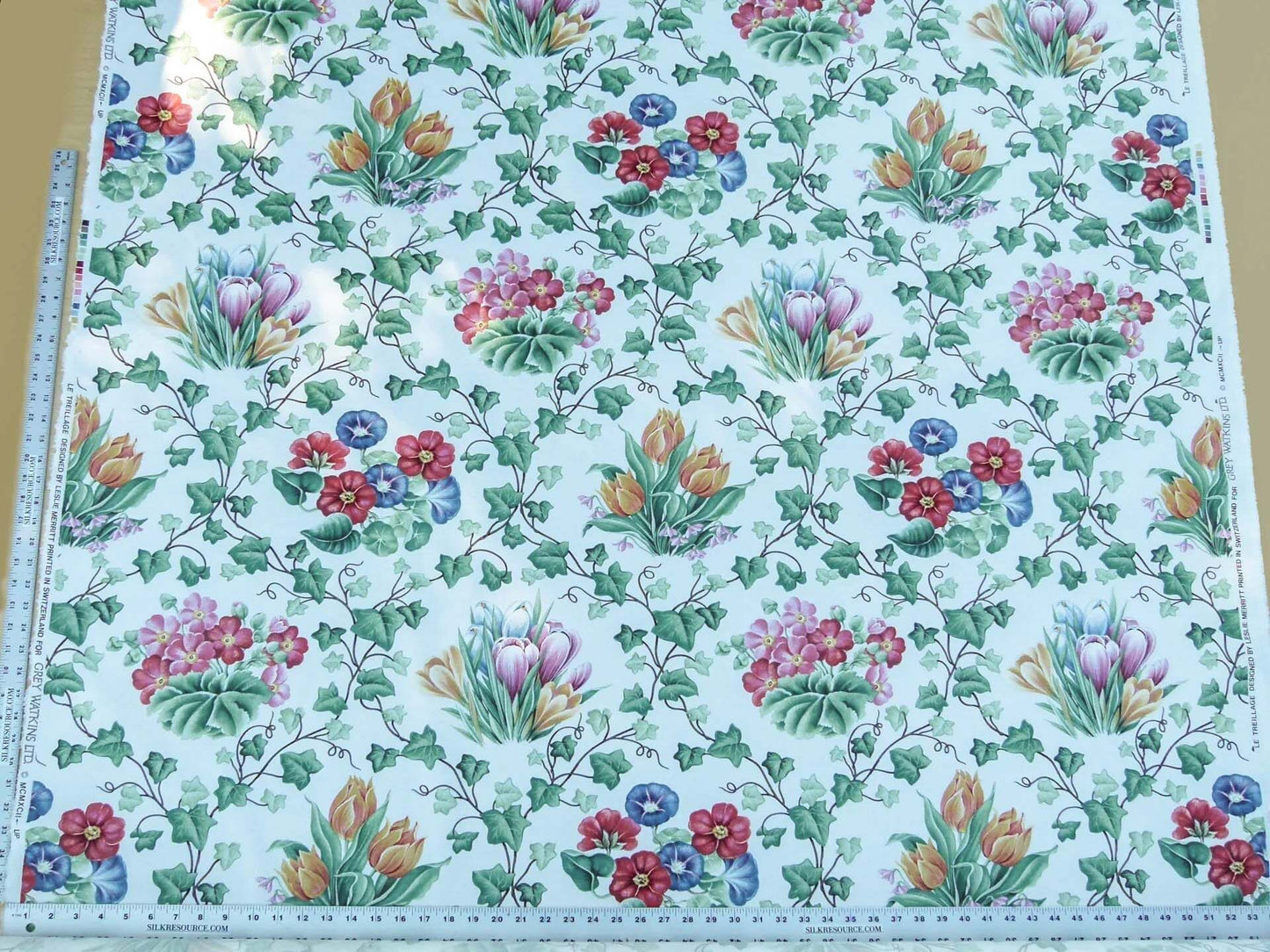 Scalamandre  Grey Watkins Le Treillage Blush Pink on White Spring Garden Trellis Tulip Rose Crocus Boston Ivy MSRP USD 204/y