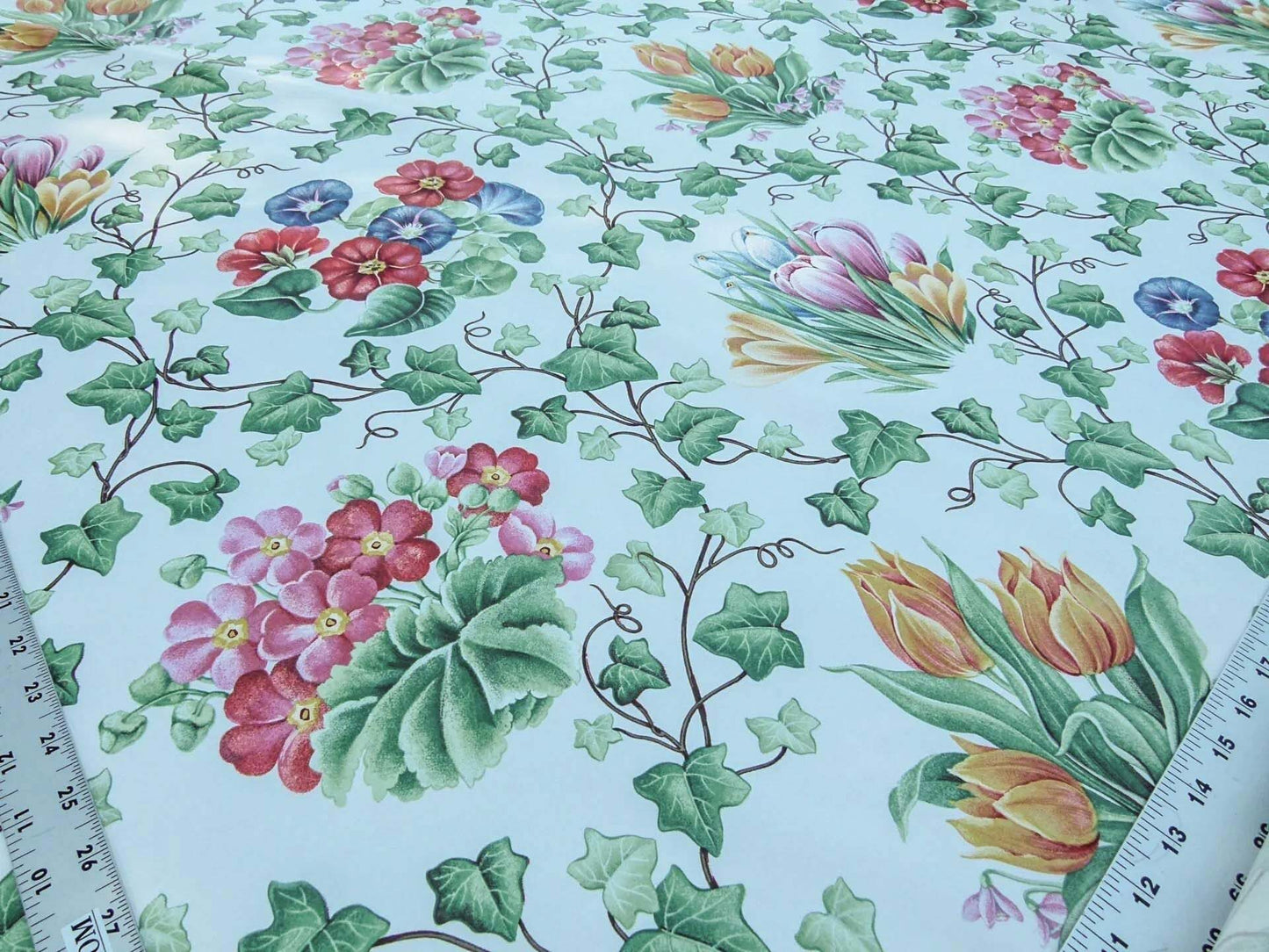 Scalamandre  Grey Watkins Le Treillage Blush Pink on White Spring Garden Trellis Tulip Rose Crocus Boston Ivy MSRP USD 204/y