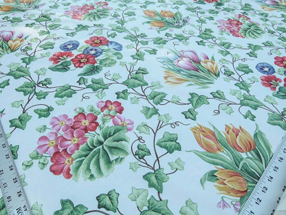 Scalamandre  Grey Watkins Le Treillage Blush Pink on White Spring Garden Trellis Tulip Rose Crocus Boston Ivy MSRP USD 204/y