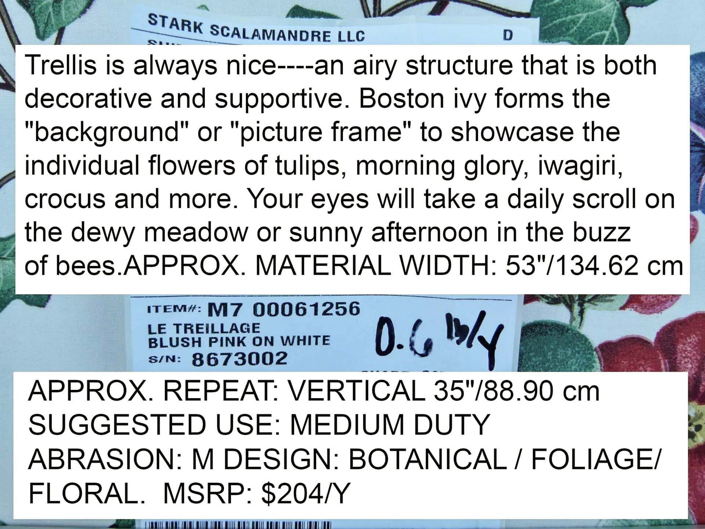 Scalamandre  Grey Watkins Le Treillage Blush Pink on White Spring Garden Trellis Tulip Rose Crocus Boston Ivy MSRP USD 204/y