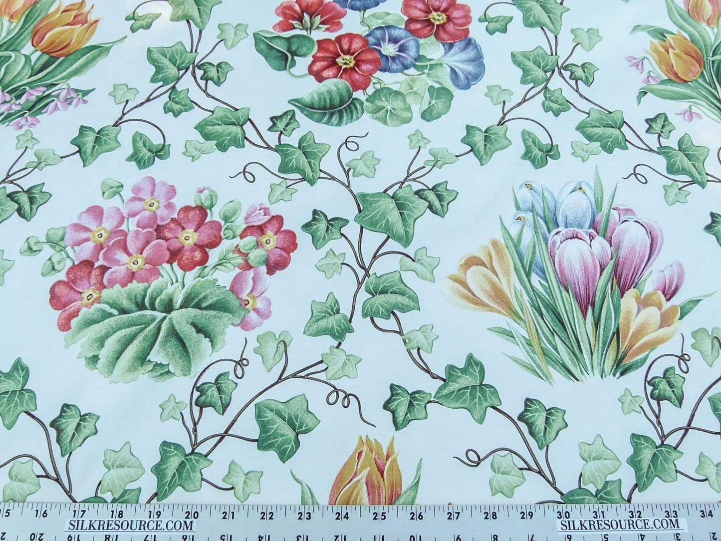 Scalamandre  Grey Watkins Le Treillage Blush Pink on White Spring Garden Trellis Tulip Rose Crocus Boston Ivy MSRP USD 204/y