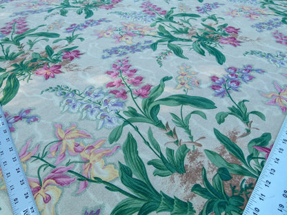 Scalamandre Marlyn Park Multi/Tan Antique Linen Orchid Tropical Print Foliage Flowers MSRP USD 188/y