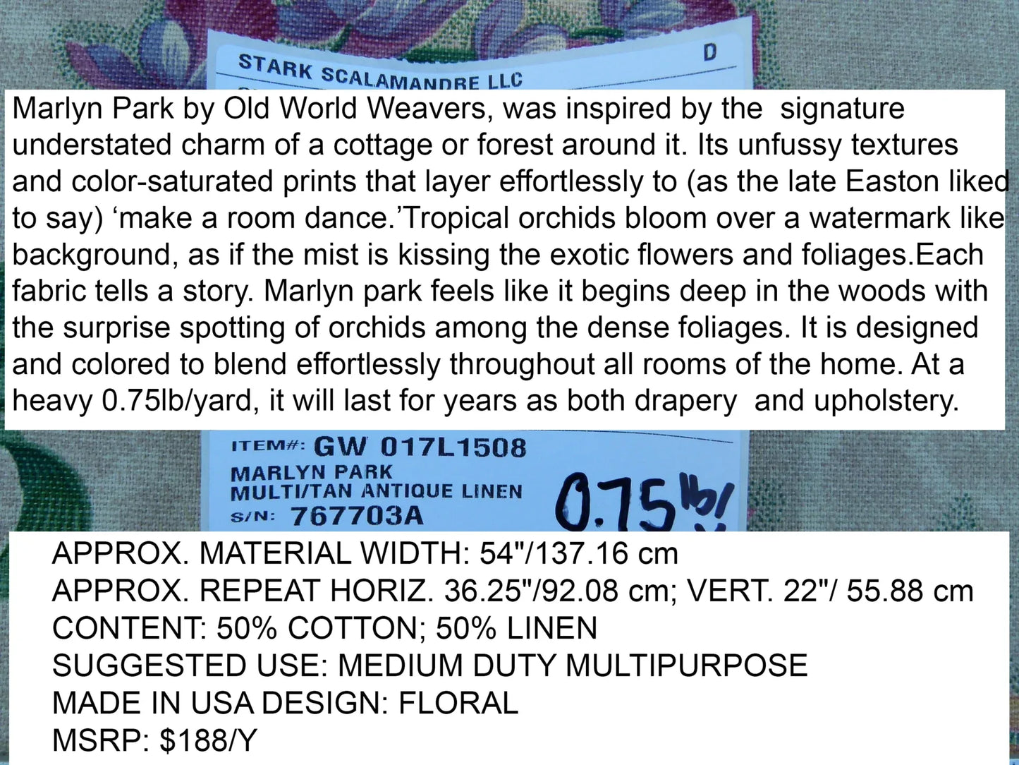 Scalamandre Marlyn Park Multi/Tan Antique Linen Orchid Tropical Print Foliage Flowers MSRP USD 188/y