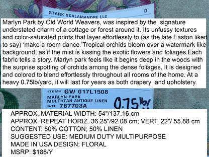 Scalamandre Marlyn Park Multi/Tan Antique Linen Orchid Tropical Print Foliage Flowers MSRP USD 188/y