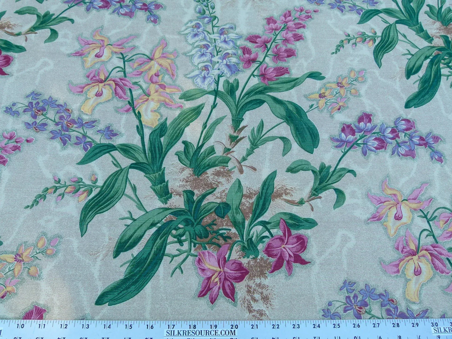 Scalamandre Marlyn Park Multi/Tan Antique Linen Orchid Tropical Print Foliage Flowers MSRP USD 188/y