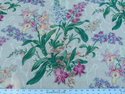 Scalamandre Marlyn Park Multi/Tan Antique Linen Orchid Tropical Print Foliage Flowers MSRP USD 188/y