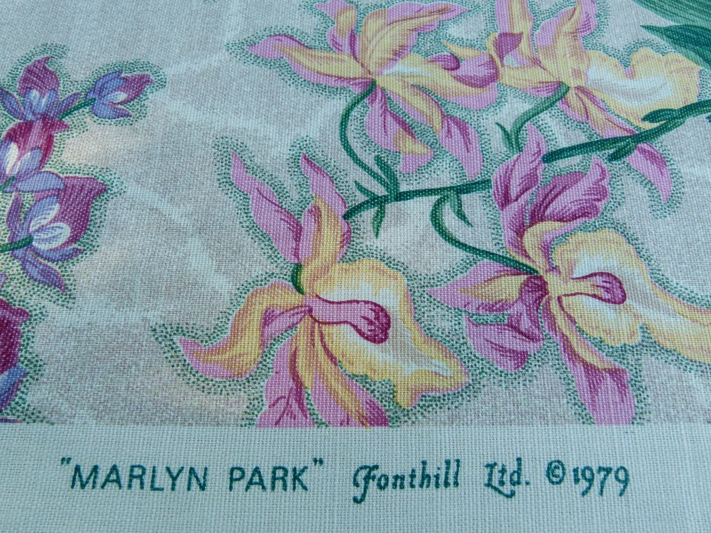 Scalamandre Marlyn Park Multi/Tan Antique Linen Orchid Tropical Print Foliage Flowers MSRP USD 188/y