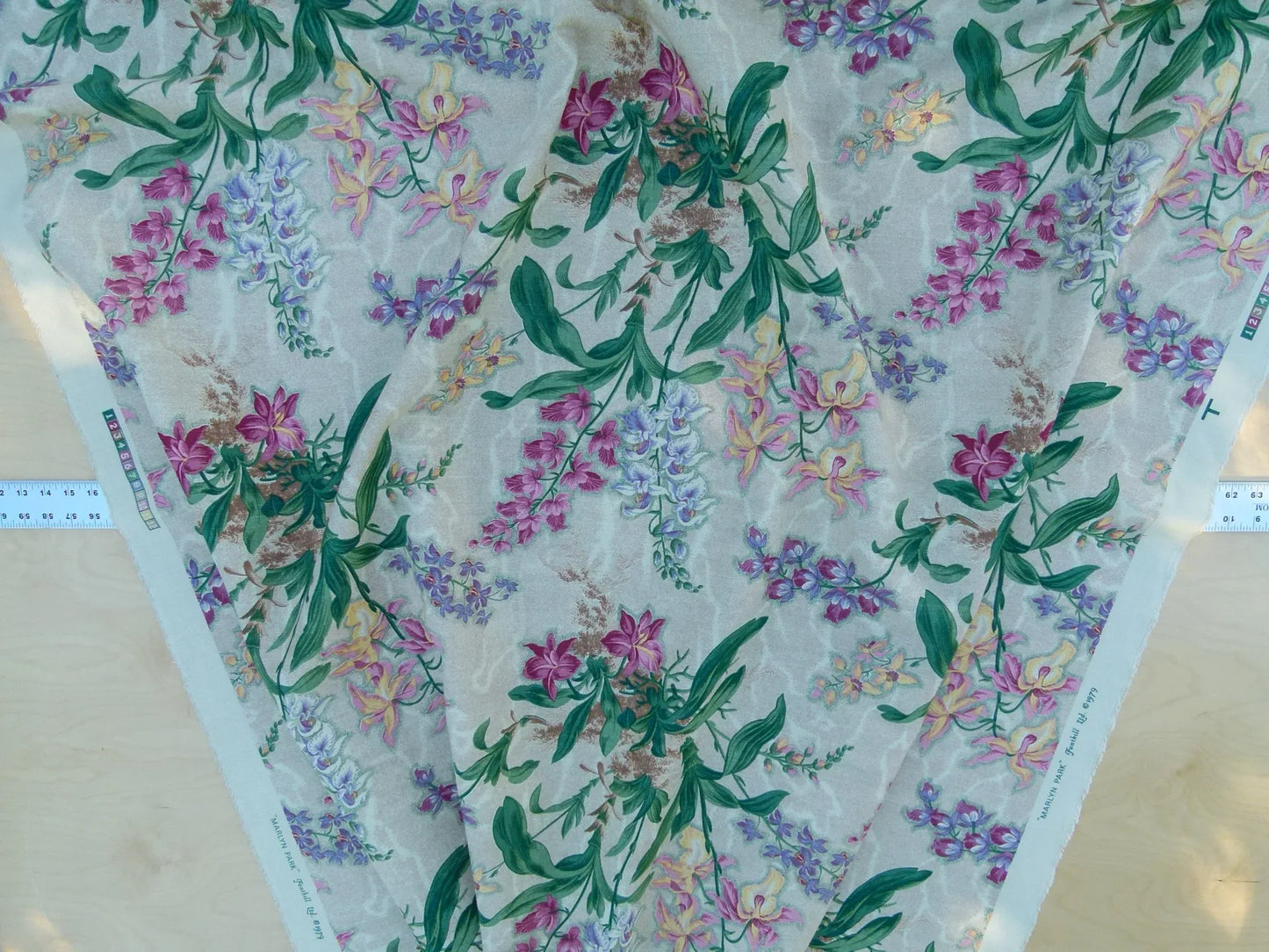 Scalamandre Marlyn Park Multi/Tan Antique Linen Orchid Tropical Print Foliage Flowers MSRP USD 188/y