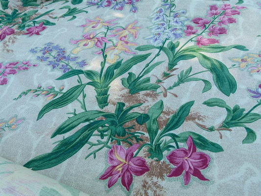 Scalamandre Marlyn Park Multi/Tan Antique Linen Orchid Tropical Print Foliage Flowers MSRP USD 188/y