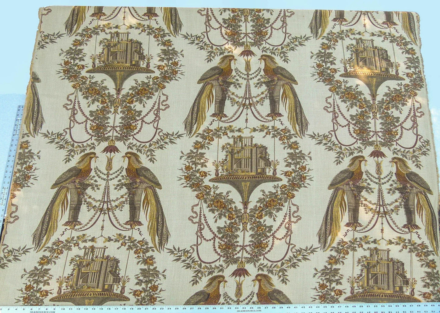 By VR Scalamandre Jute Fabric Brown Gold Historical Birds of Paradise Floral Block Print by Hand MSRP USD 300+/y