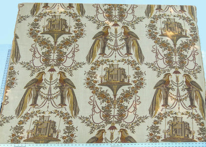 By VR Scalamandre Jute Fabric Brown Gold Historical Birds of Paradise Floral Block Print by Hand MSRP USD 300+/y