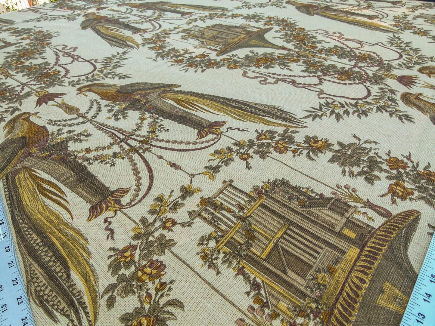 By VR Scalamandre Jute Fabric Brown Gold Historical Birds of Paradise Floral Block Print by Hand MSRP USD 300+/y