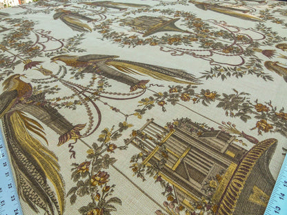By VR Scalamandre Jute Fabric Brown Gold Historical Birds of Paradise Floral Block Print by Hand MSRP USD 300+/y